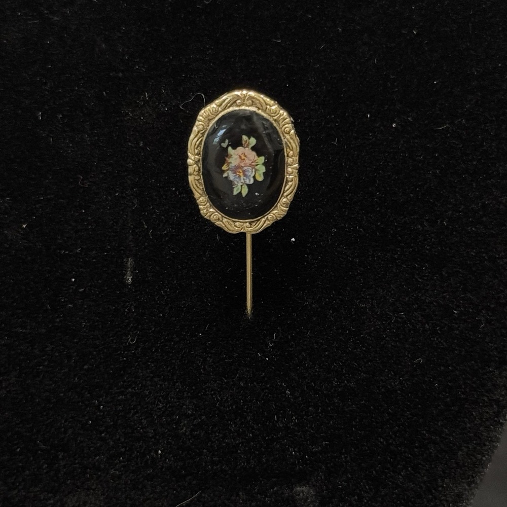 Vintage Costume Jewelry‎ Lapel Hat Pin Tie Tack Gold Tone Oval Black w Floral